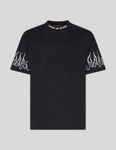 Vision Of Super WHITE EMOBROIDERED FLAMES T-SHIRT black