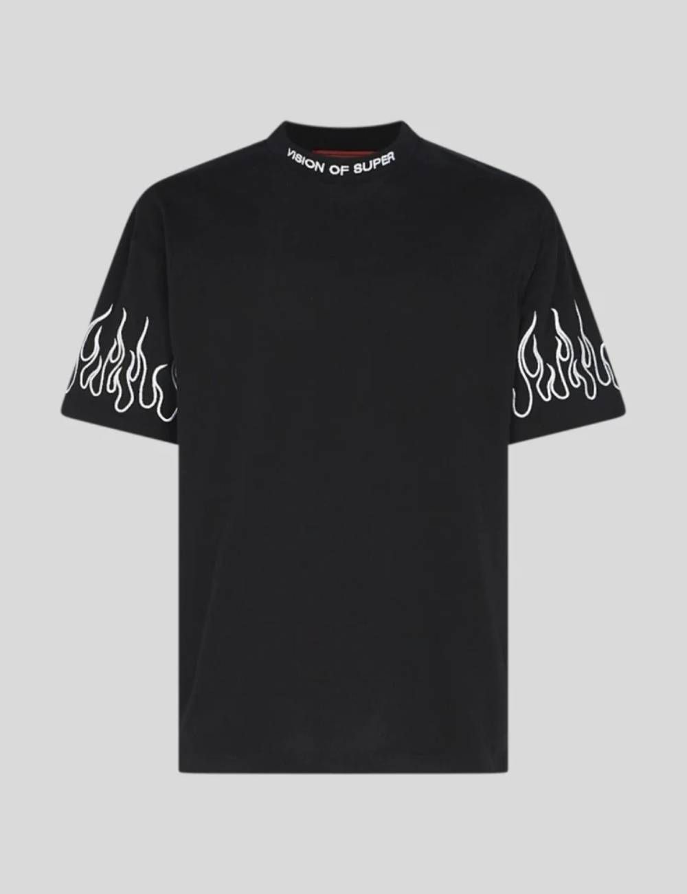 Vision Of Super WHITE EMOBROIDERED FLAMES T-SHIRT black