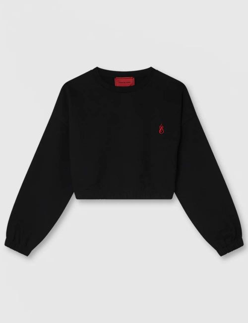 Vision Of Super W' EMBROIDERED FLAMES CROP CREWNECK black